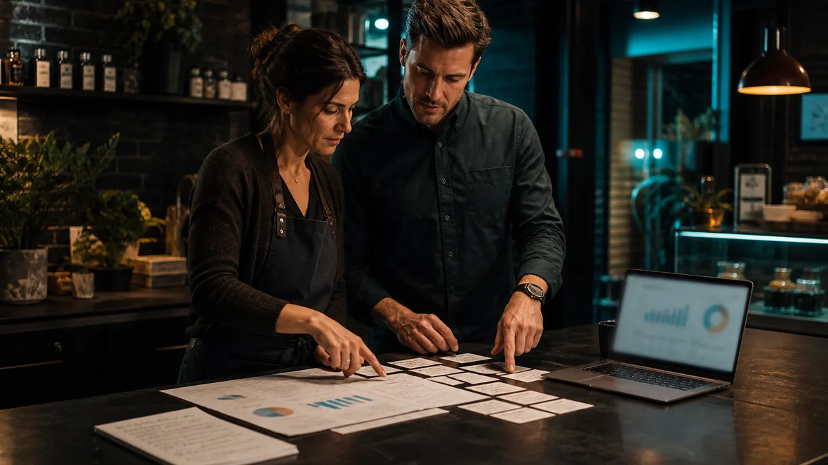 A small business owner and marketing lead review search reports and call notes at a dark counter