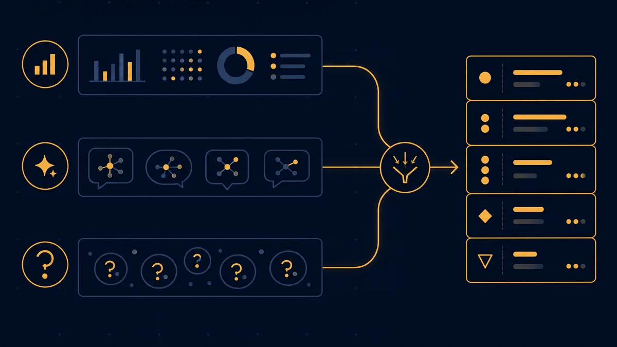 A dark diagram connects ad reports, AI answer mentions, and customer inquiries into a fix list