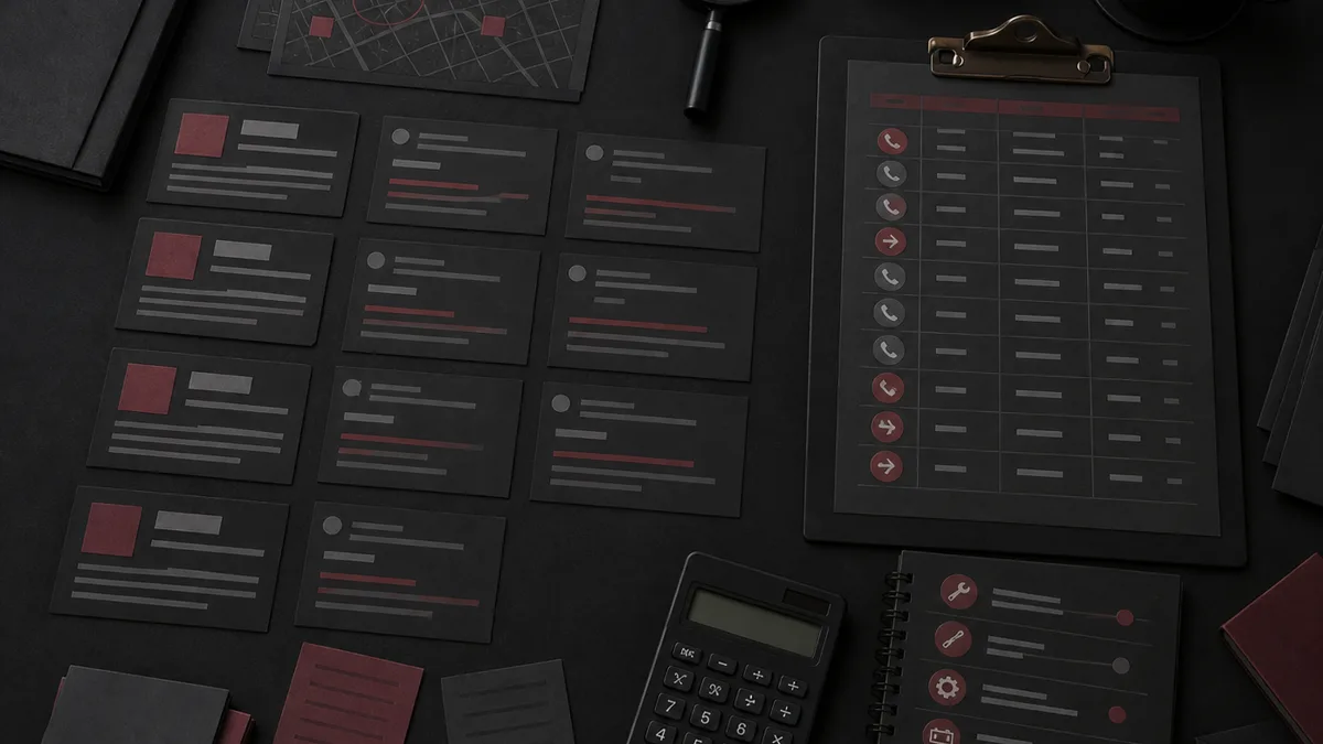 Competitor source cards, review blocks, a call log, and repair checklist sit on a dark desk