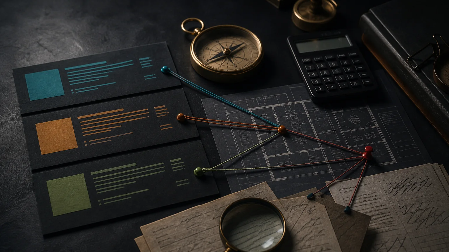 Dark evidence workspace with prompt cards, customer proof, a compass, and local business context notes