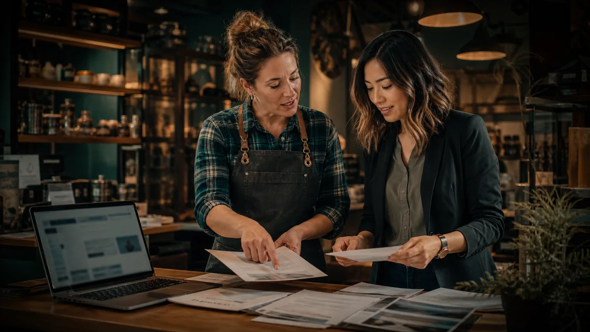 Two team members sort buyer questions and proof at a local service counter