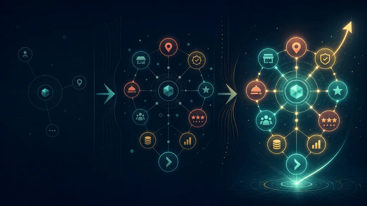 Dark diagram showing richer business context improving AI recommendation confidence