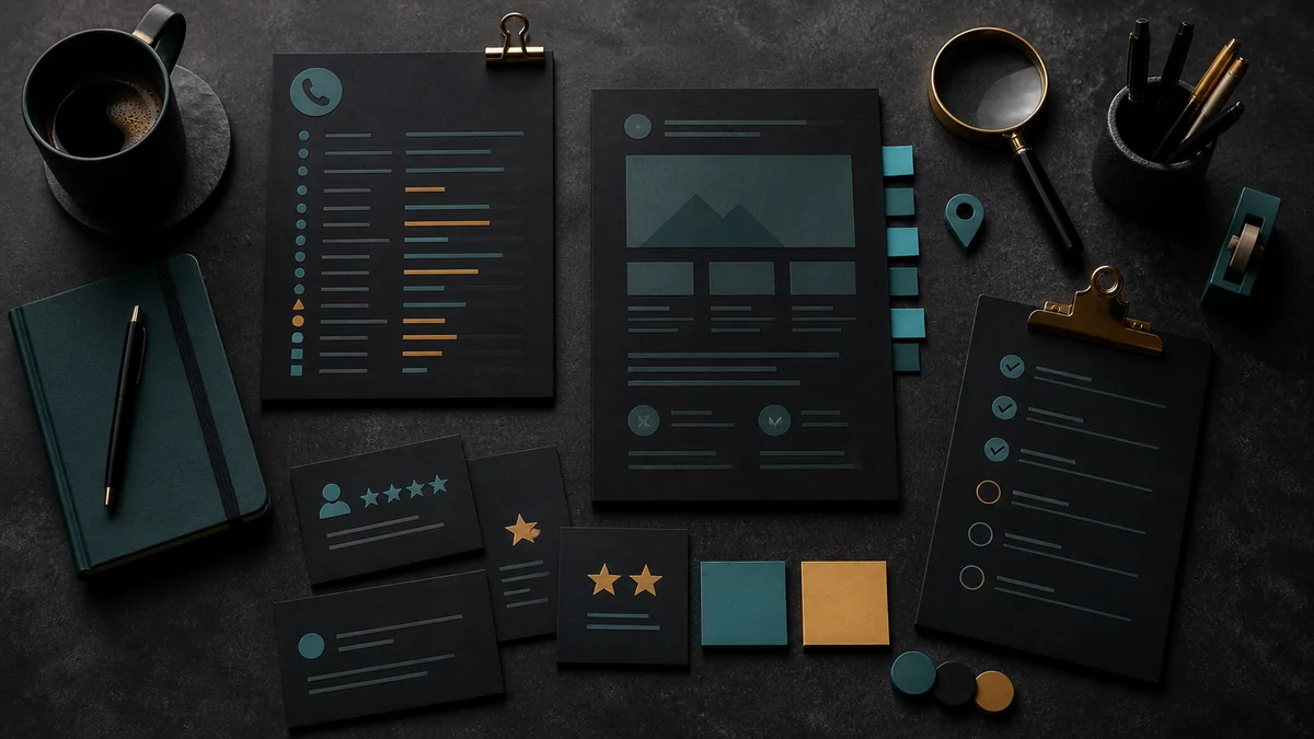 Audit table with reviews, source tabs, a map pin, and prioritized context fixes