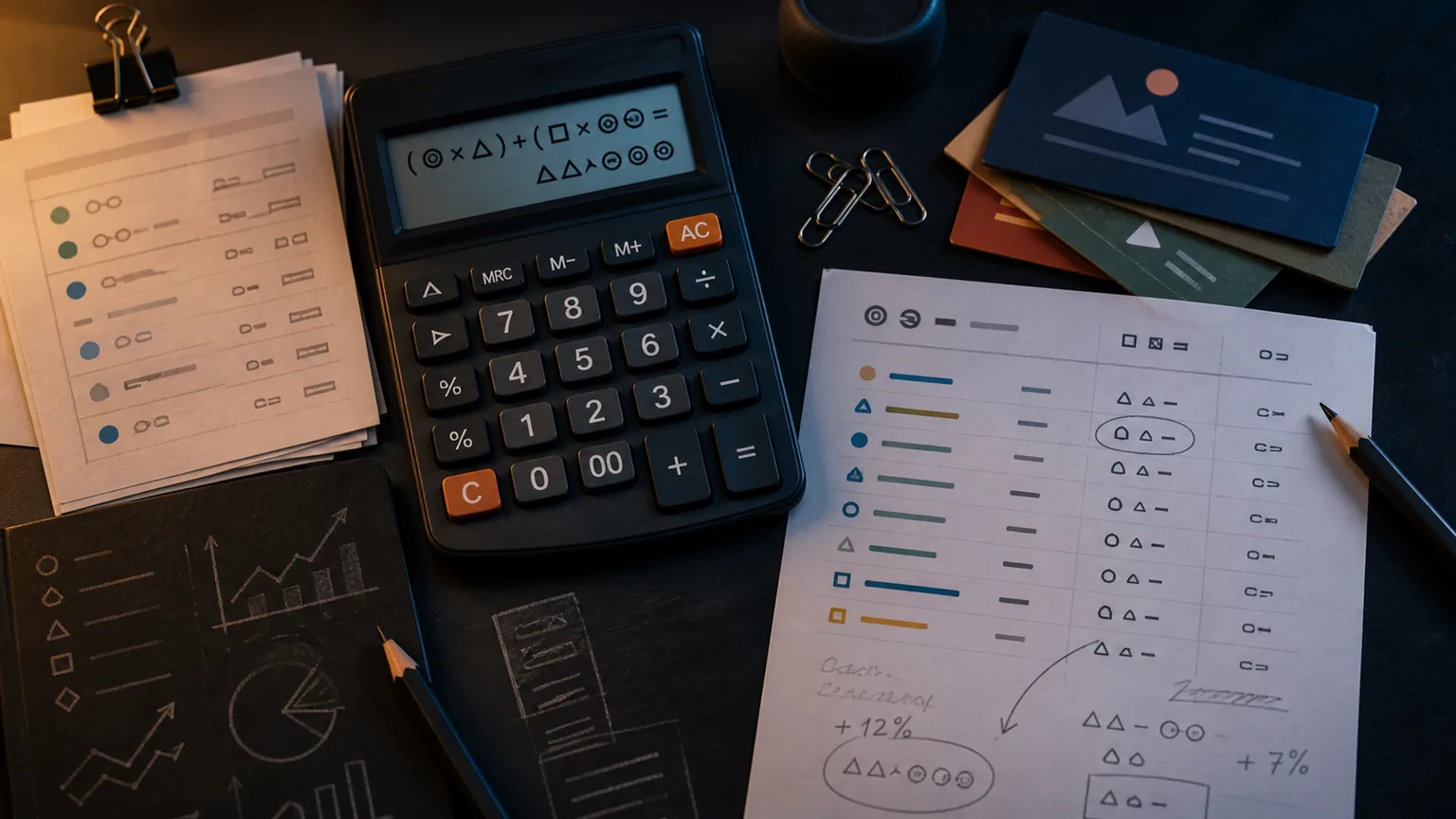 Dark overhead workspace with click-cost notes, calculator, and durable content asset cards