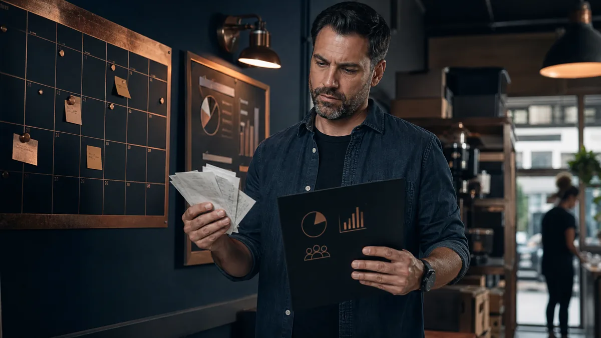 A business owner compares paid click receipts with organic visibility notes beside a calendar