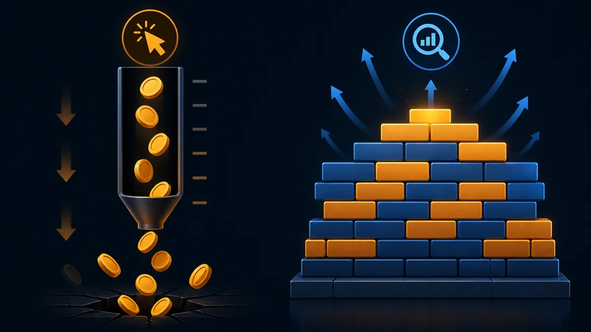 Dark diagram comparing rented clicks with organic visibility as a durable asset wall