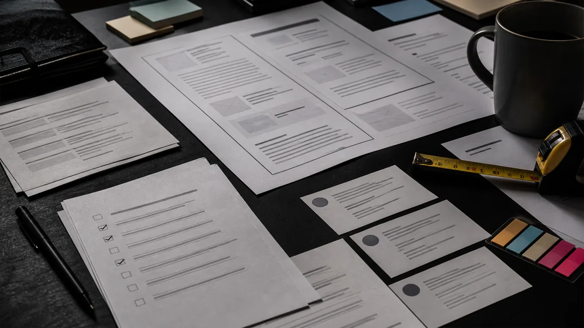 Service page wireframes, review excerpts, citation cards, and a repair checklist on a dark table