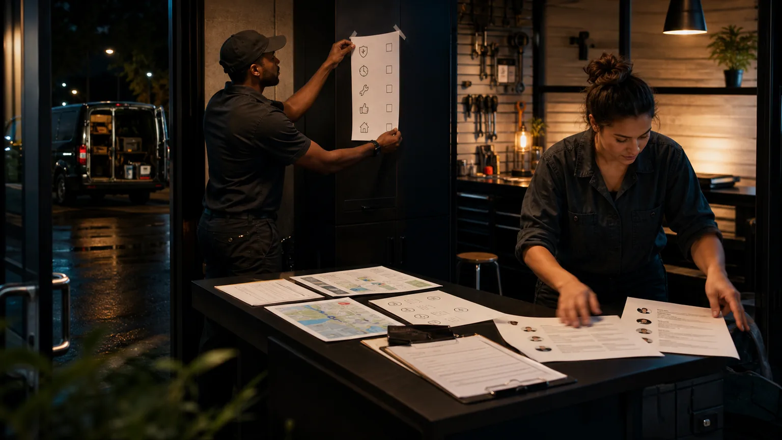 Two team members organize buyer questions and proof at a dark local service counter