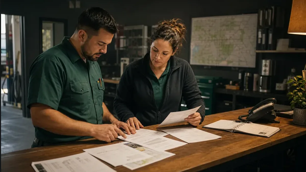 Two people at a service counter organize buyer questions, service proof, and booking notes