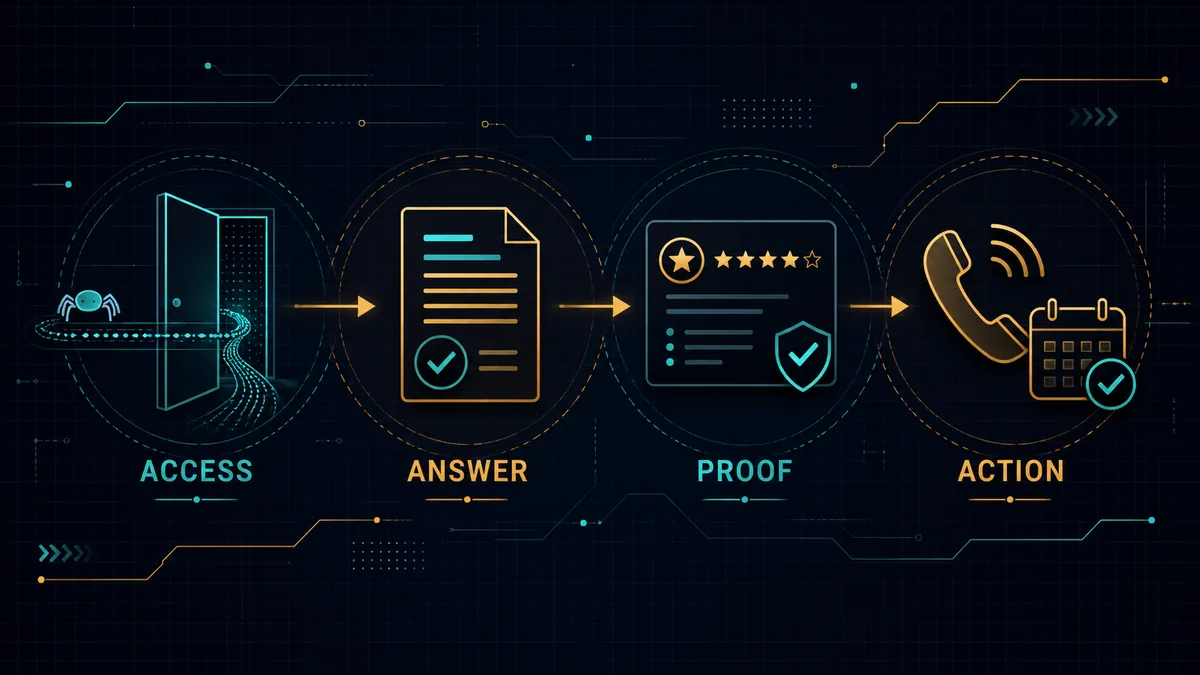 Dark diagram mapping access, answers, proof, and action into an AEO framework