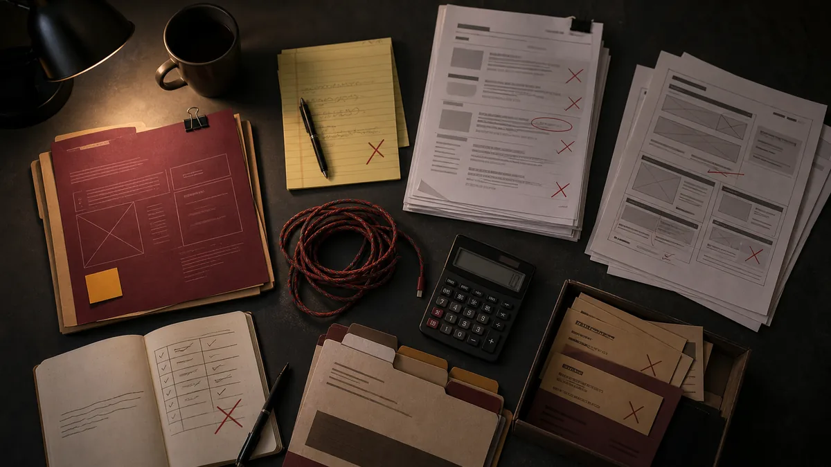Vague proposals, generic checklists, review printouts, and repair tickets on a dark audit table