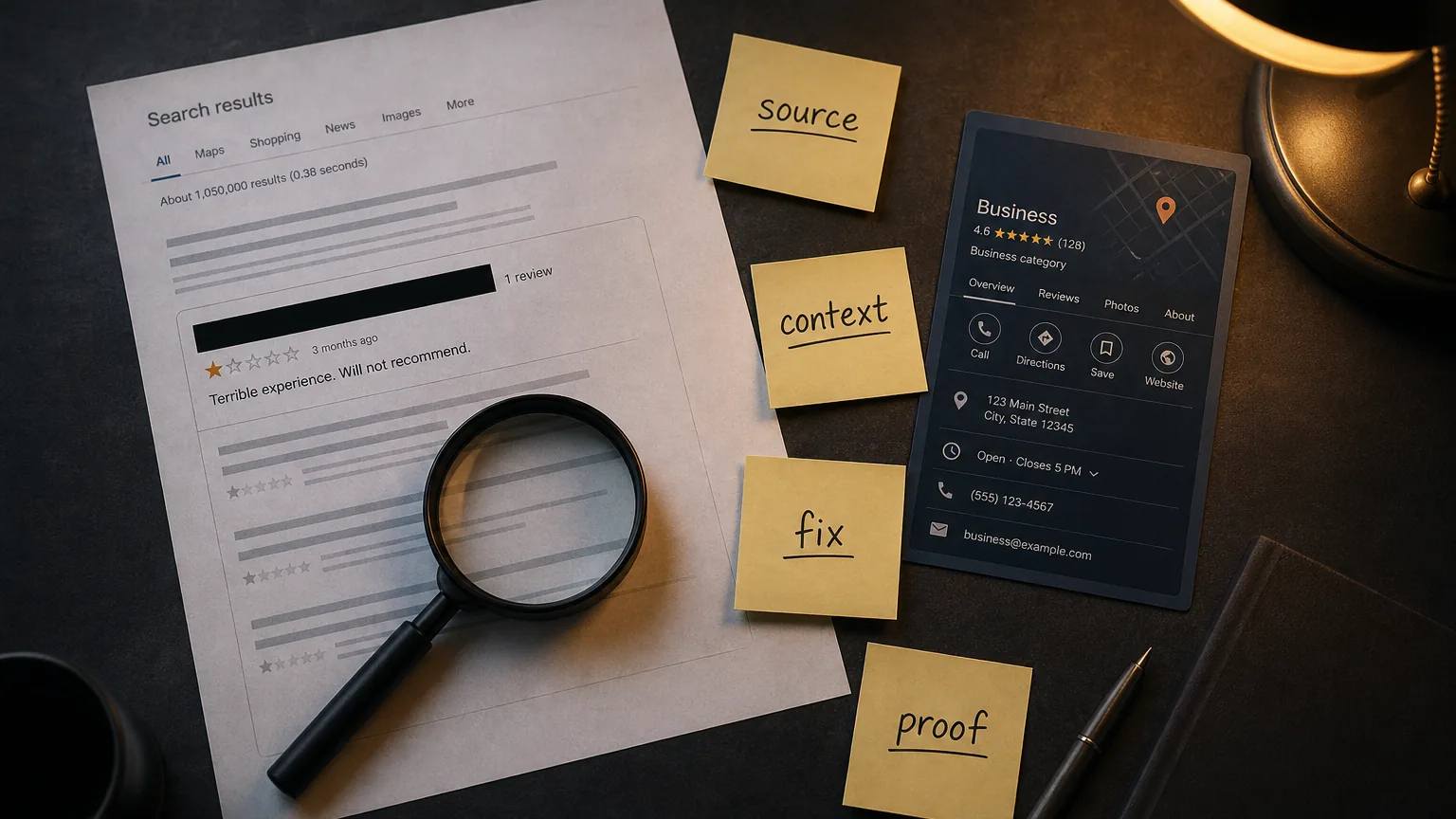 Dark overhead reputation triage table with redacted search result, magnifying glass, notes, and repair plan
