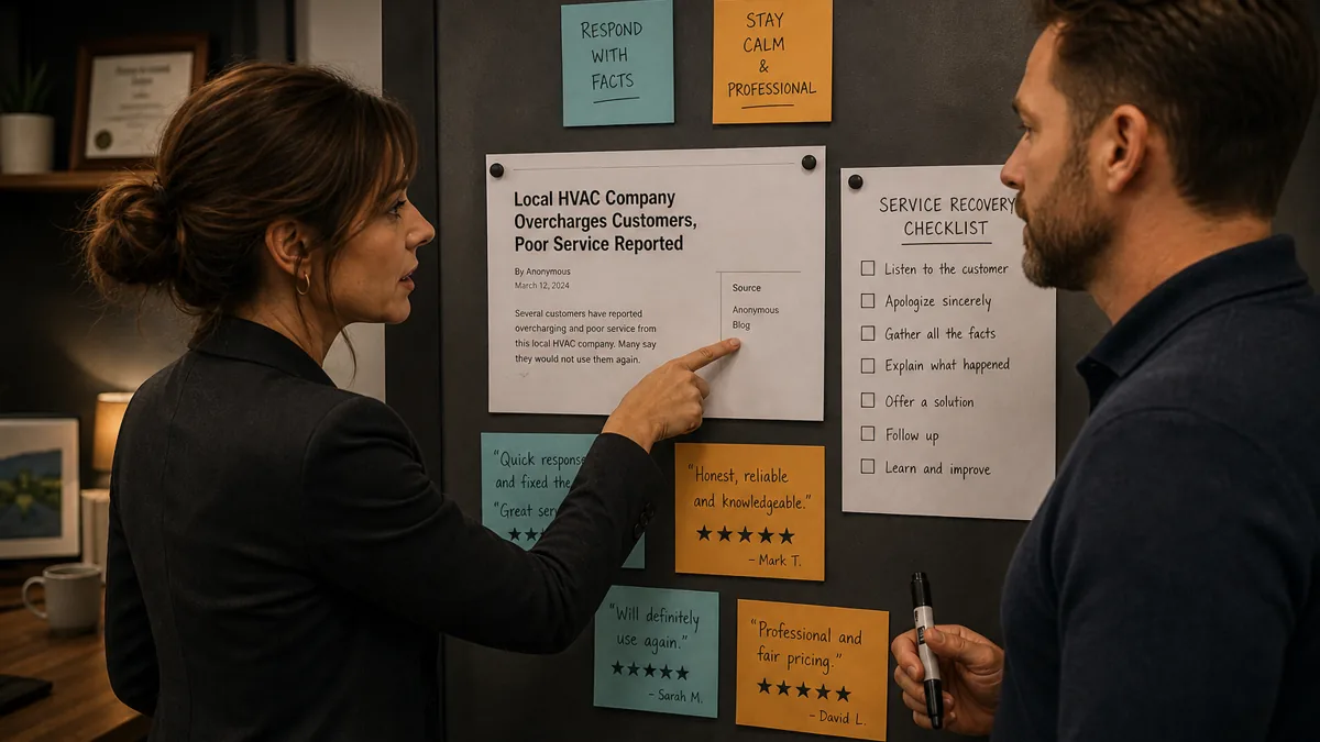 Two colleagues review a redacted negative article, customer review cards, and a source repair checklist