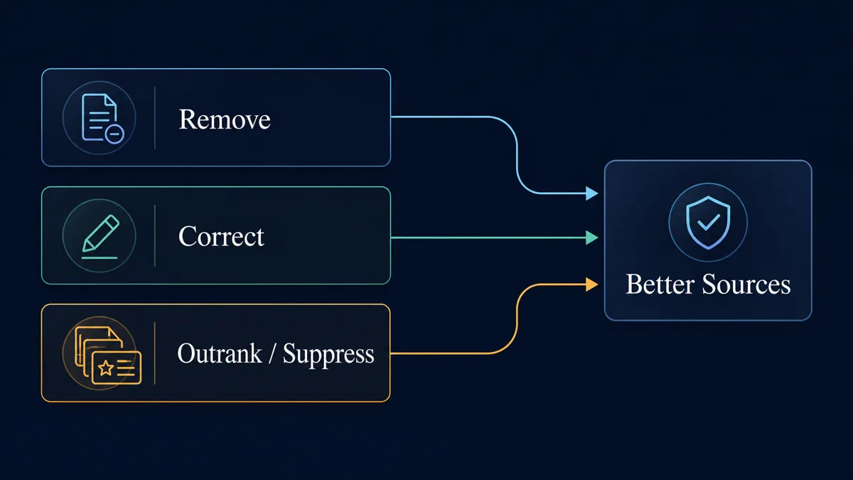 Dark diagram showing Remove, Correct, and Outrank/Suppress paths feeding better public sources