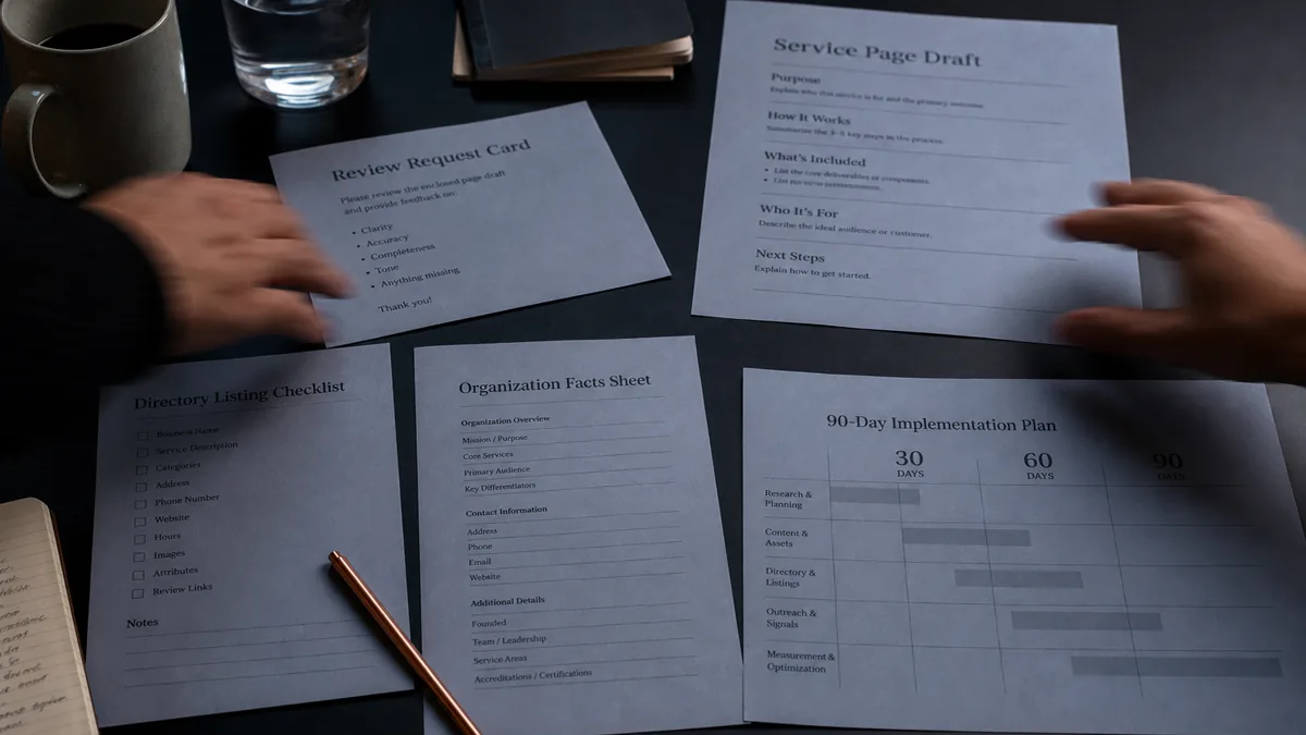 Hands arrange a reputation repair plan with service page notes, review cards, directory checklist, and calendar markers