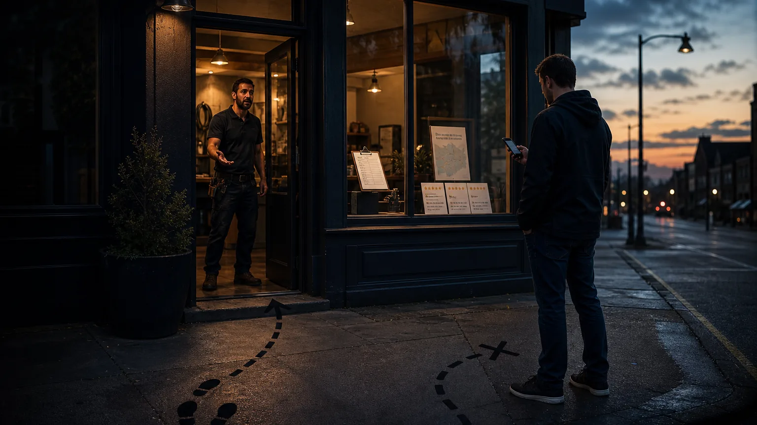 Local storefront at dusk with owner and customer reviewing service signage and a phone