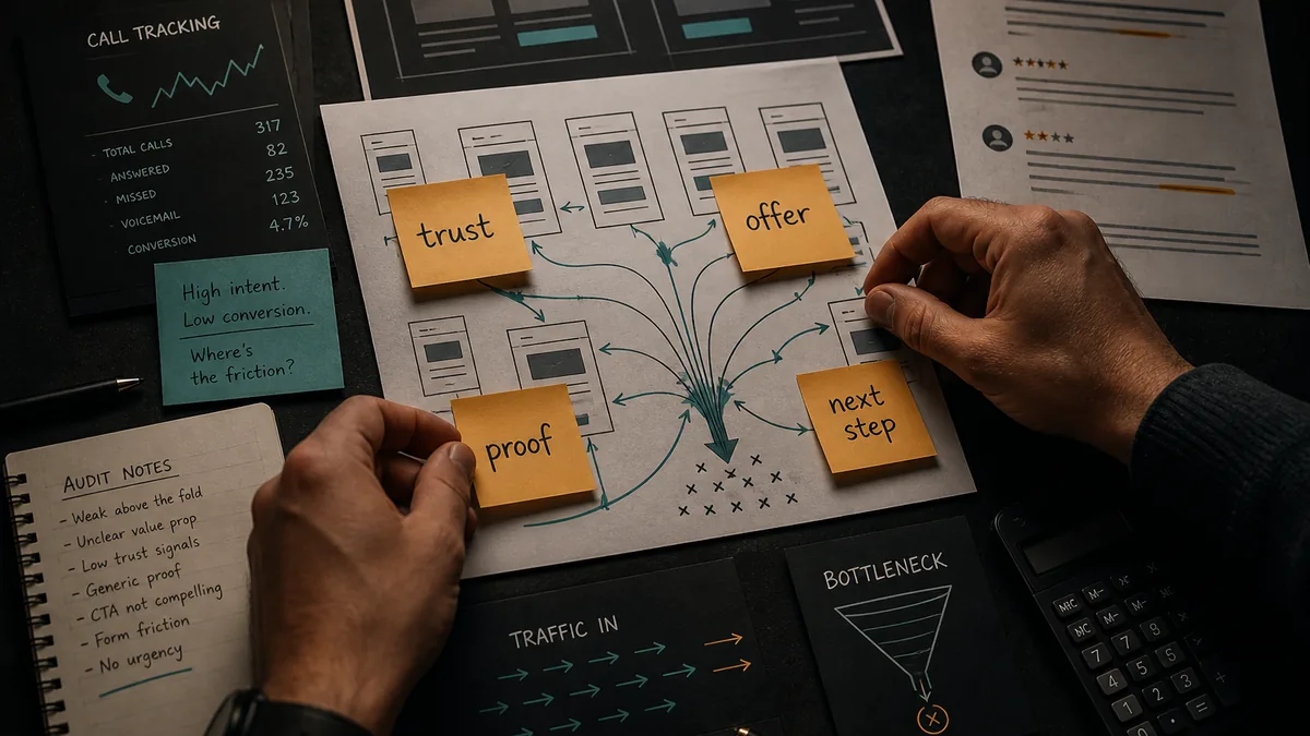 Hands arrange landing page wireframes, call notes, reviews, a calculator, and friction-point sticky notes