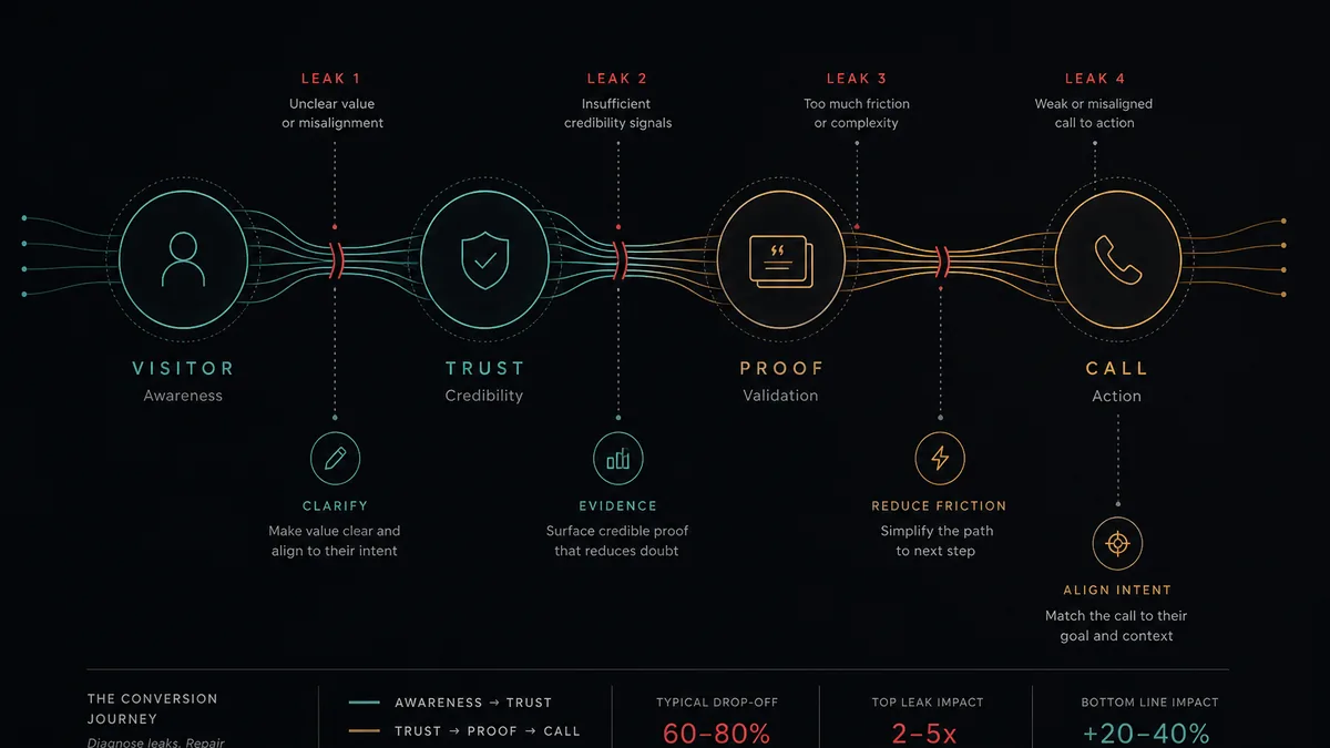 Dark flow diagram showing visitors leaking between trust, proof, and call steps before repairs close gaps