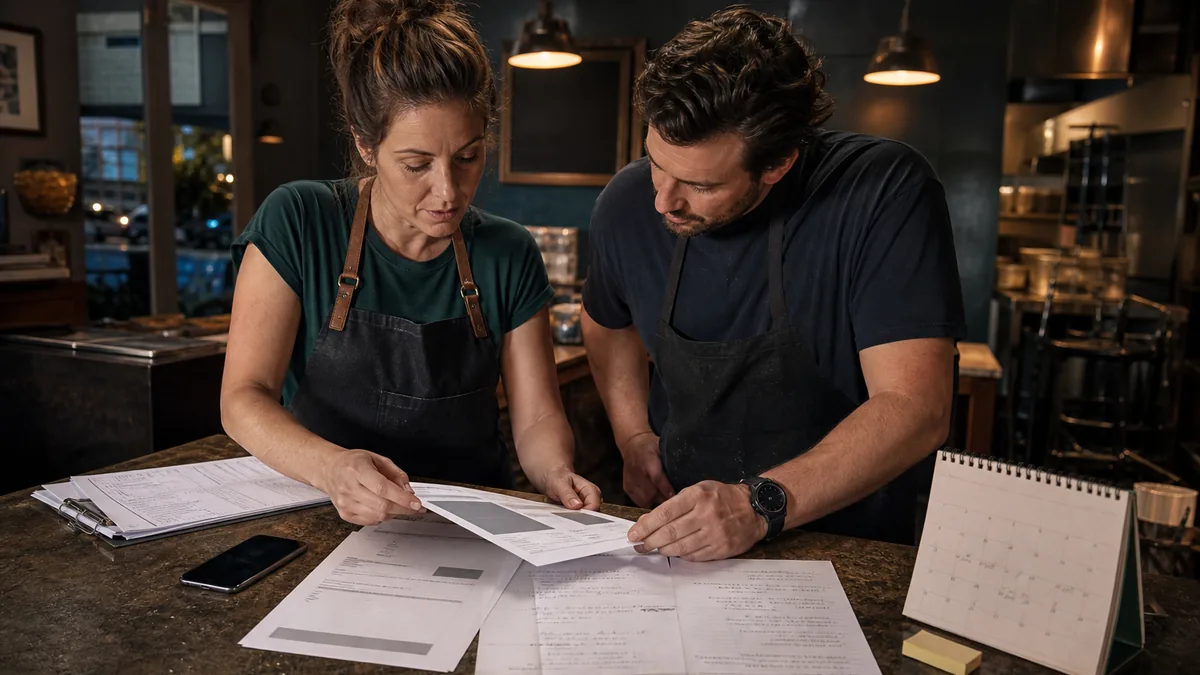 Two standing team members review a confusing landing page printout, customer questions, and booking notes