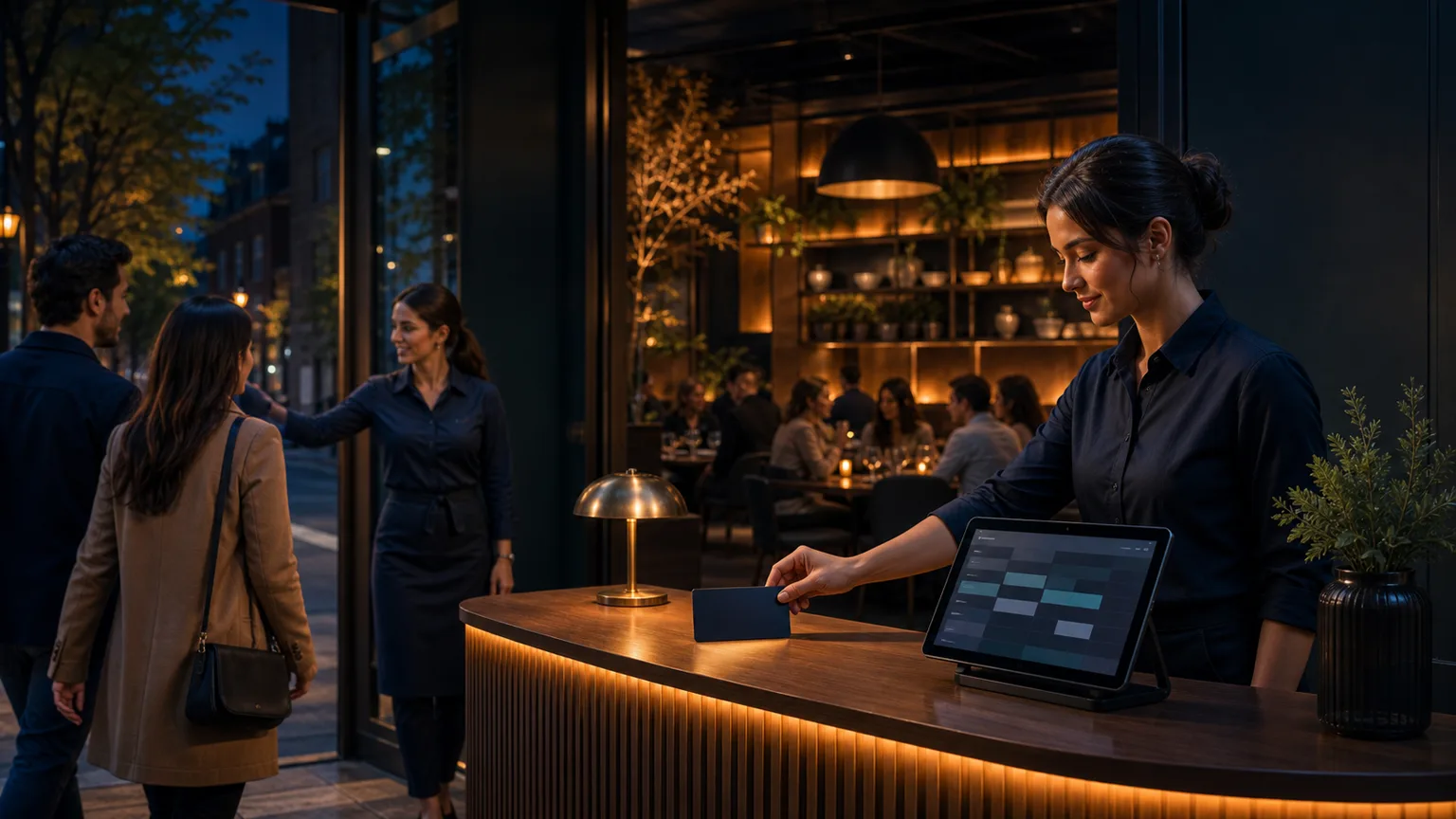 Restaurant host stand at dusk with staff preparing a reservation as guests enter a warm dining room