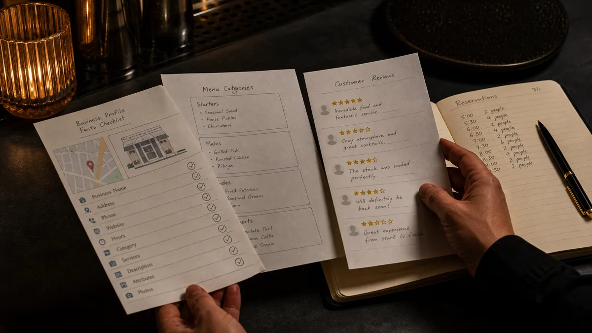 Hands compare local listing facts, review snippets, menu category notes, and a reservation notebook