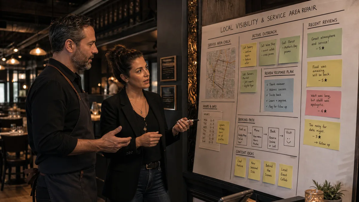 Restaurant owner and manager review local visibility, booking notes, hours, and review repair board