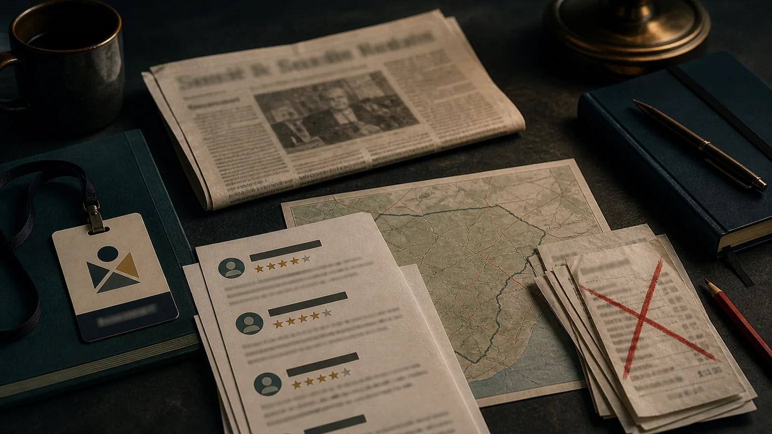Dark tabletop with proof clippings, redacted reviews, a map, and crossed-out paid link receipts