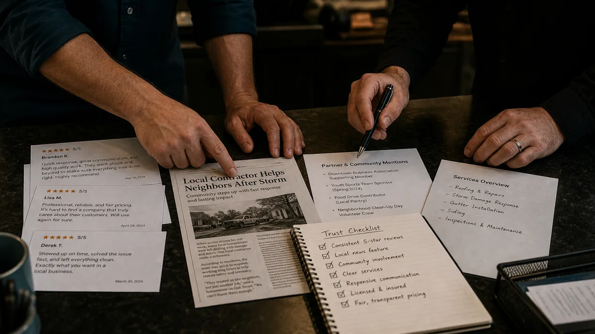 Two people at a dark service counter sort local article clippings, review excerpts, partner mentions, service notes, and a trust checklist