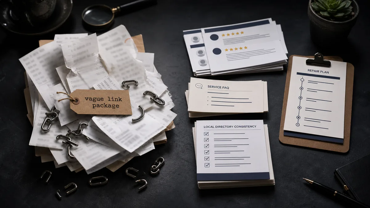 Dark tabletop showing a vague link package beside proof assets, review cards, service FAQ notes, directory checklist, and repair plan