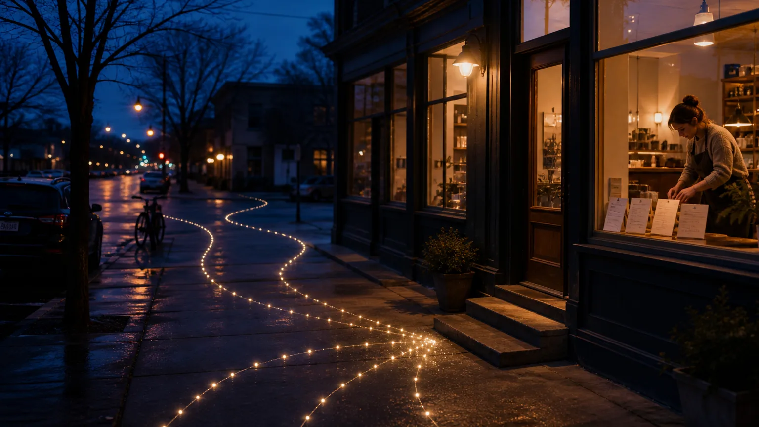 Local storefront at dawn with warm lights and subtle search paths leading toward the entrance
