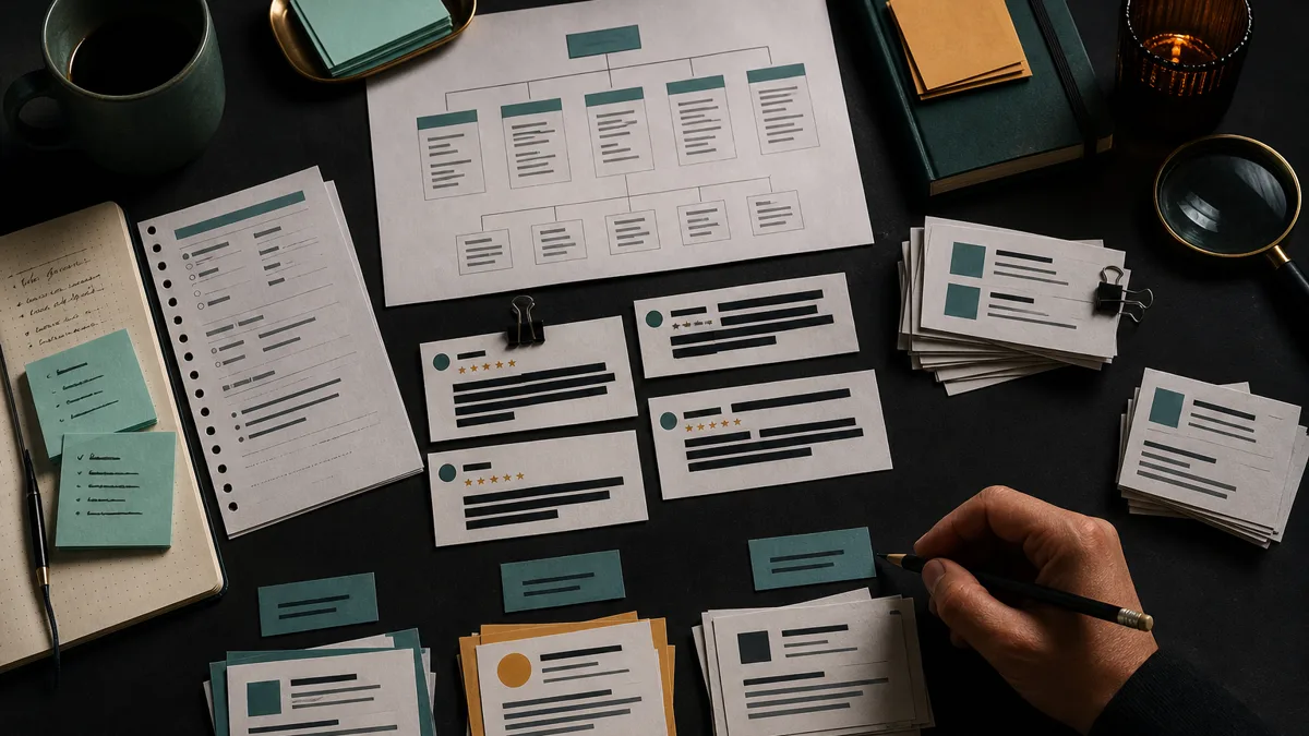 Dark tabletop with a small business sitemap, listing notes, review snippets, and grouped source cards