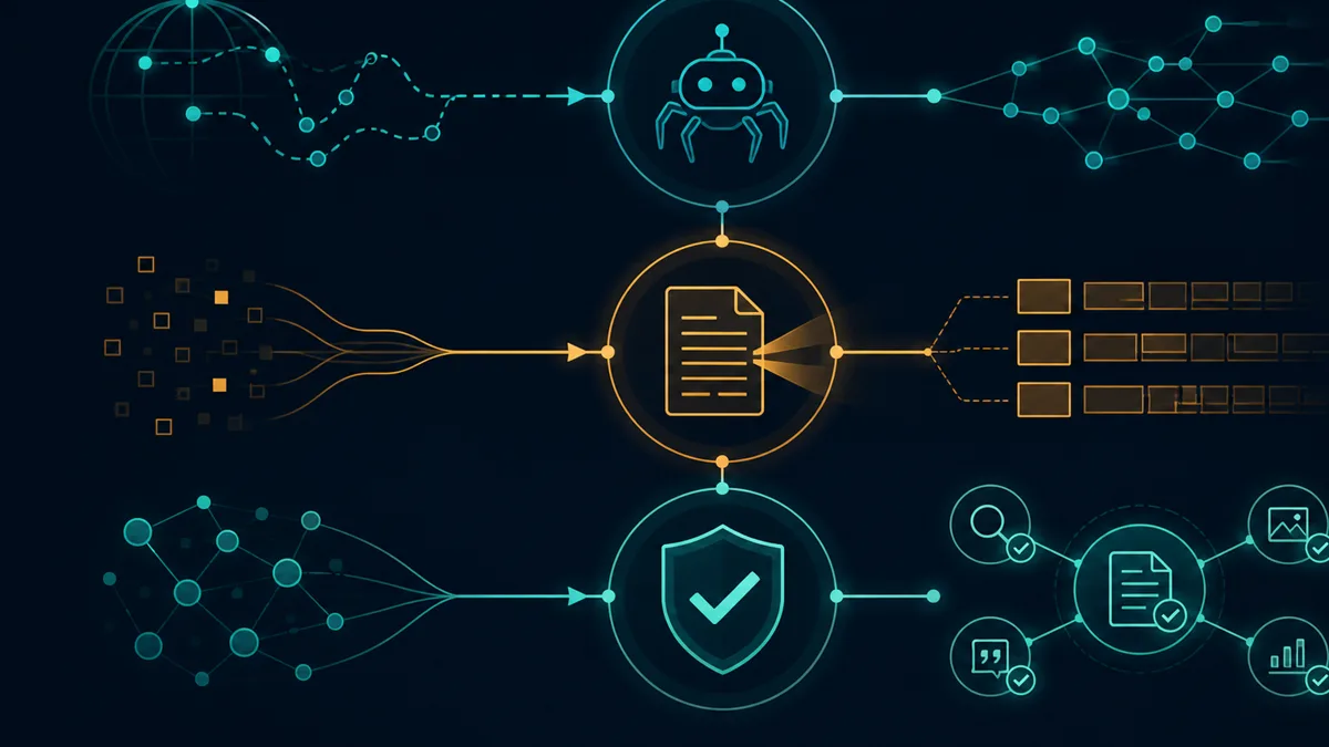 Dark diagram connecting crawler access, source clarity, and recommendation proof