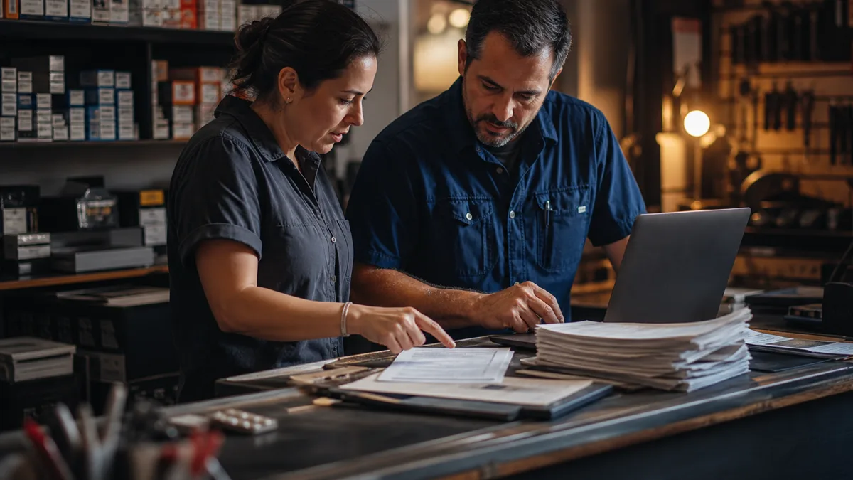 Two people review customer questions, a laptop, and proof documents at a local service counter