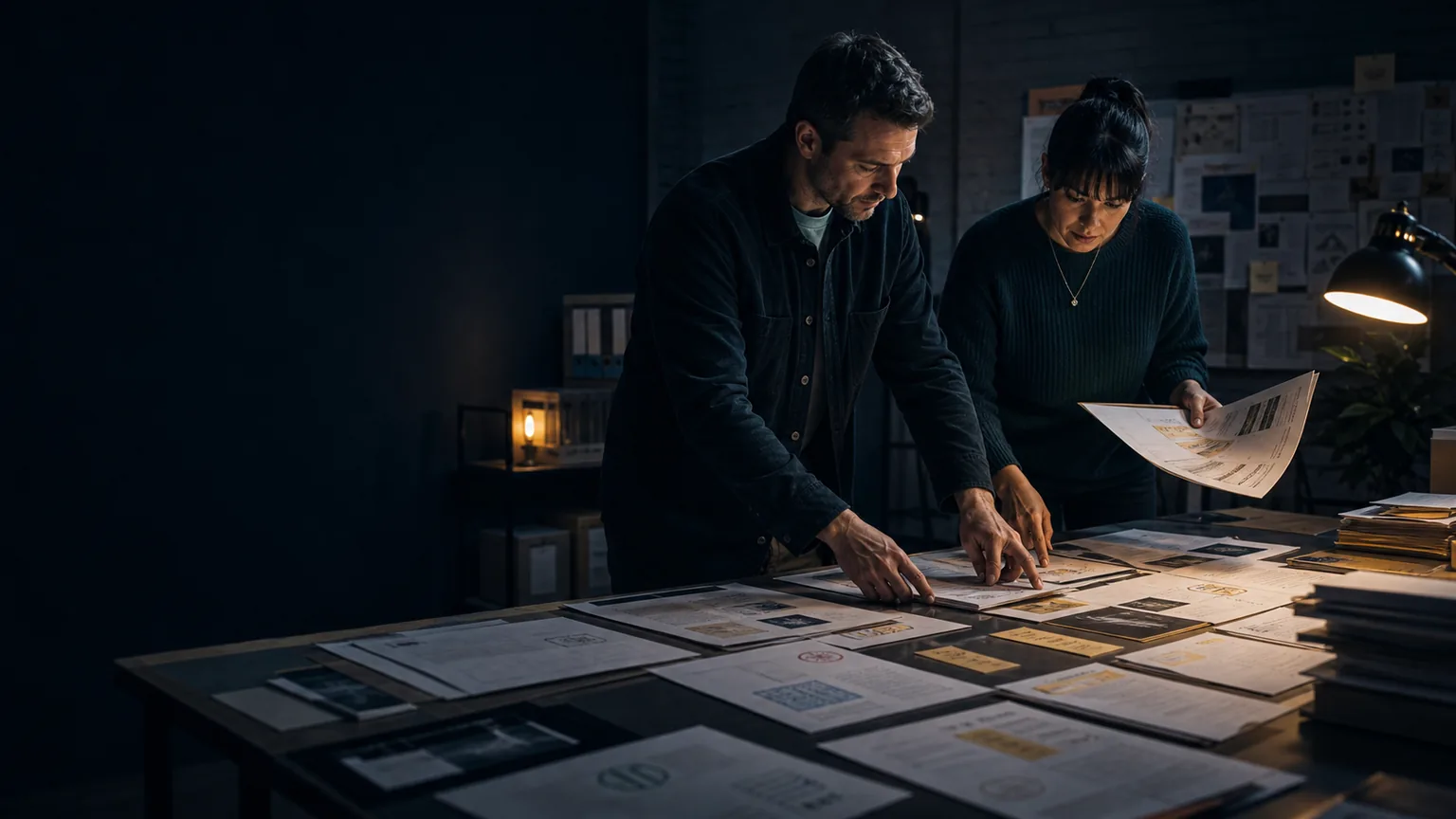 Two people sorting content drafts and proof notes under dark editorial lighting