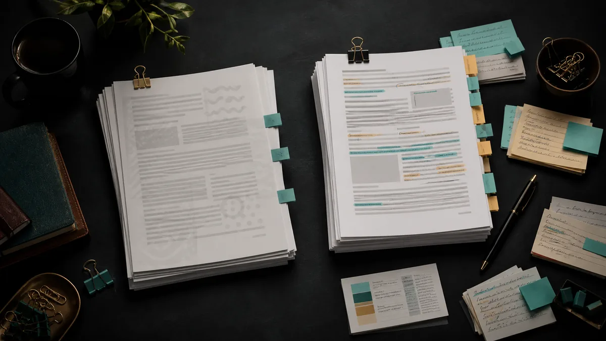 Dark table with content drafts, source notes, customer questions, and proof cards