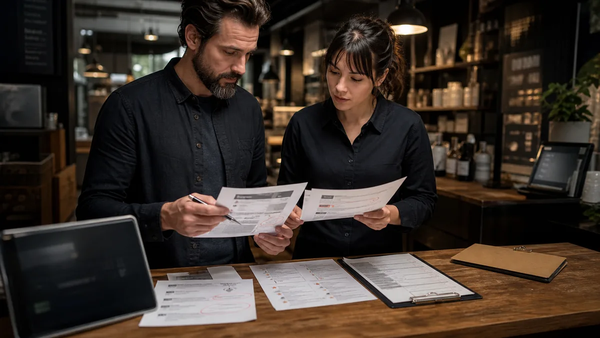 Two team members mark up a webpage printout with source checks and customer review excerpts
