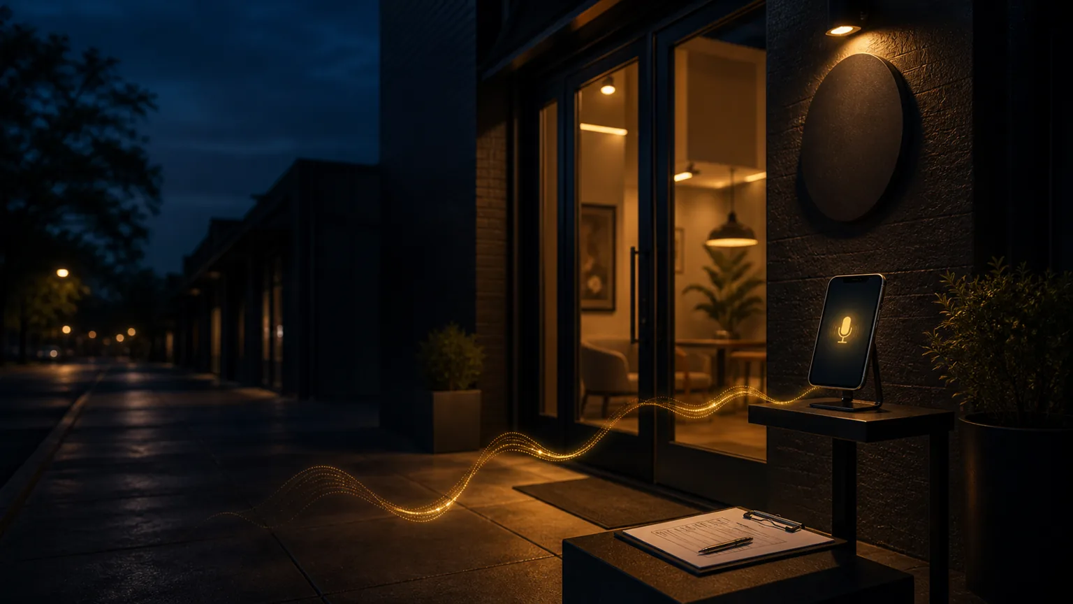 Local business entrance at night with a glowing phone microphone and warm lights