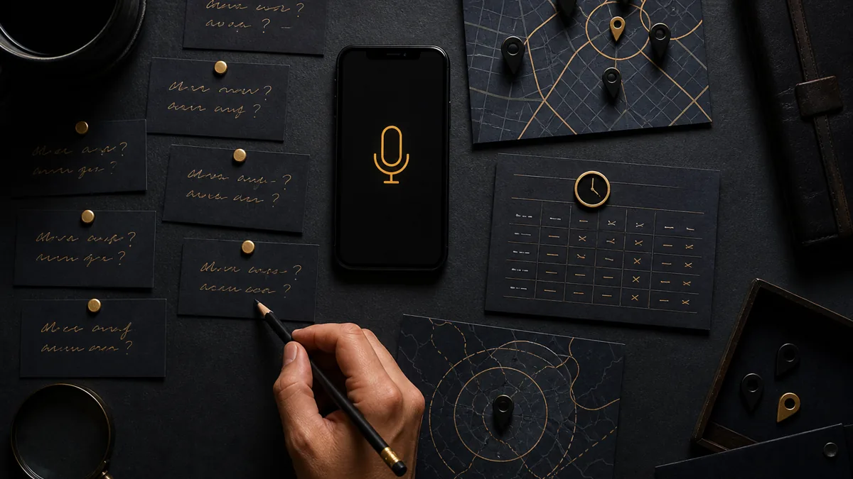 Phone microphone, map pins, hours notes, and customer question cards on a dark tabletop