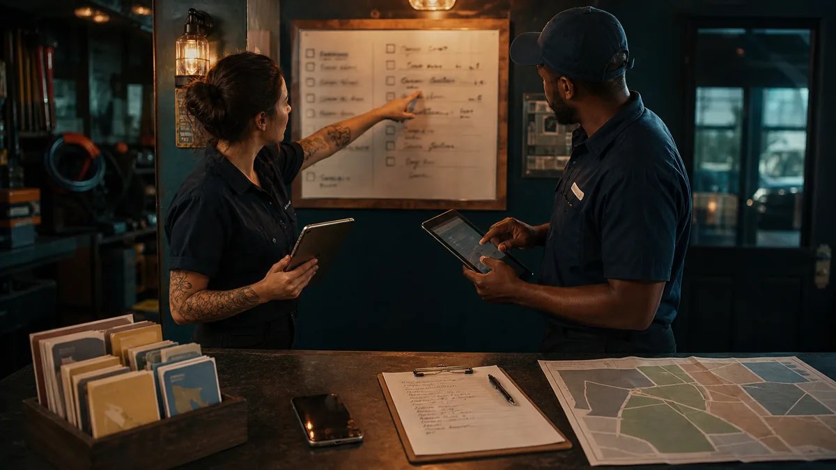 Two employees review a tablet, customer question sheet, review cards, and service-area map at a counter
