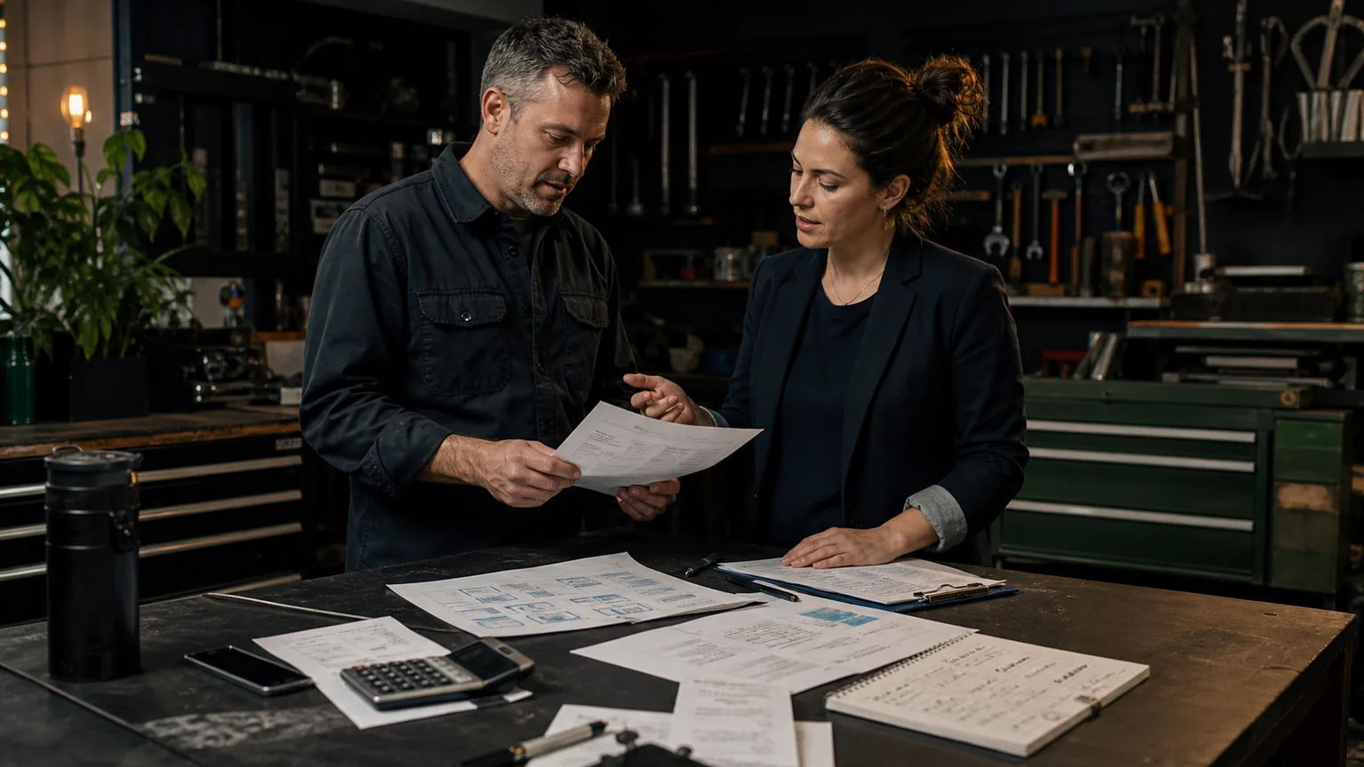 Two people review ad spend and website plans at a dark workshop counter