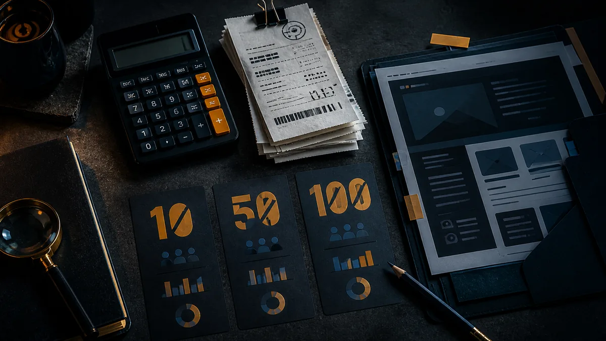 Calculator, paid-click receipts, scenario cards, and website plan on a dark table