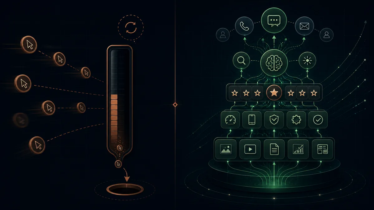 Dark diagram comparing rented paid clicks with an owned visibility asset