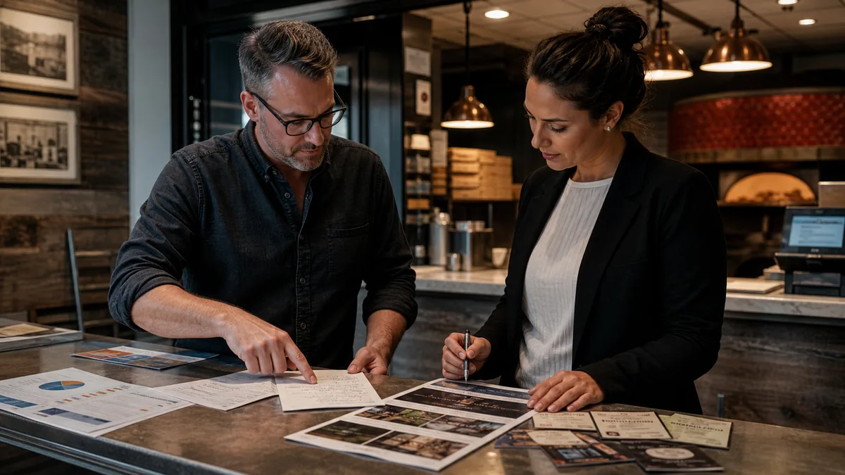 Two people review a budget worksheet, website printout, call notes, and review cards