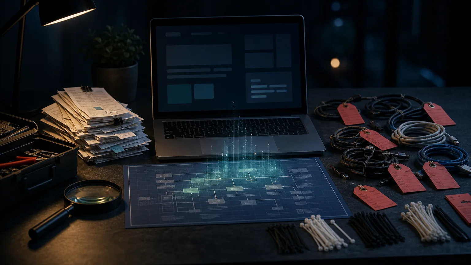 Dark website maintenance workbench with a laptop, sitemap blueprint, repair tags, and cable cleanup tools