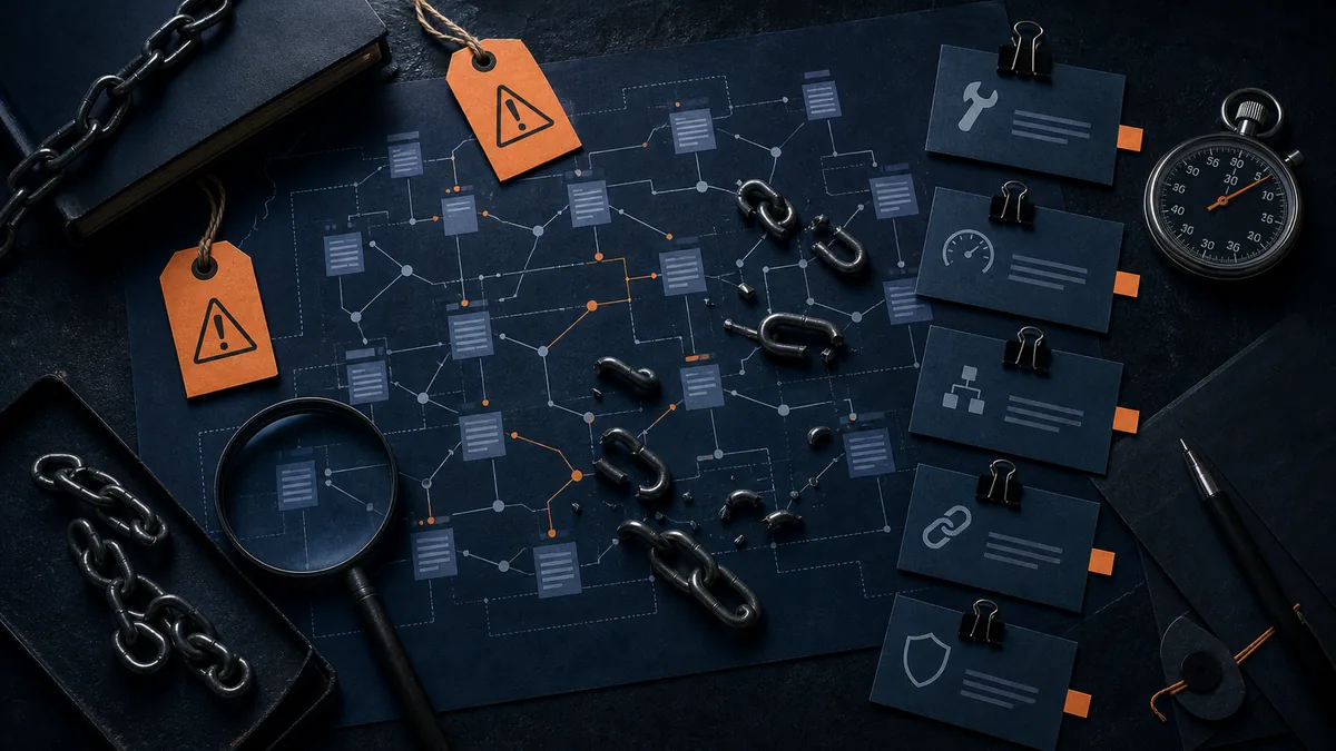 Crawl map, broken link chains, warning tags, service-page notes, and stopwatch on a dark table