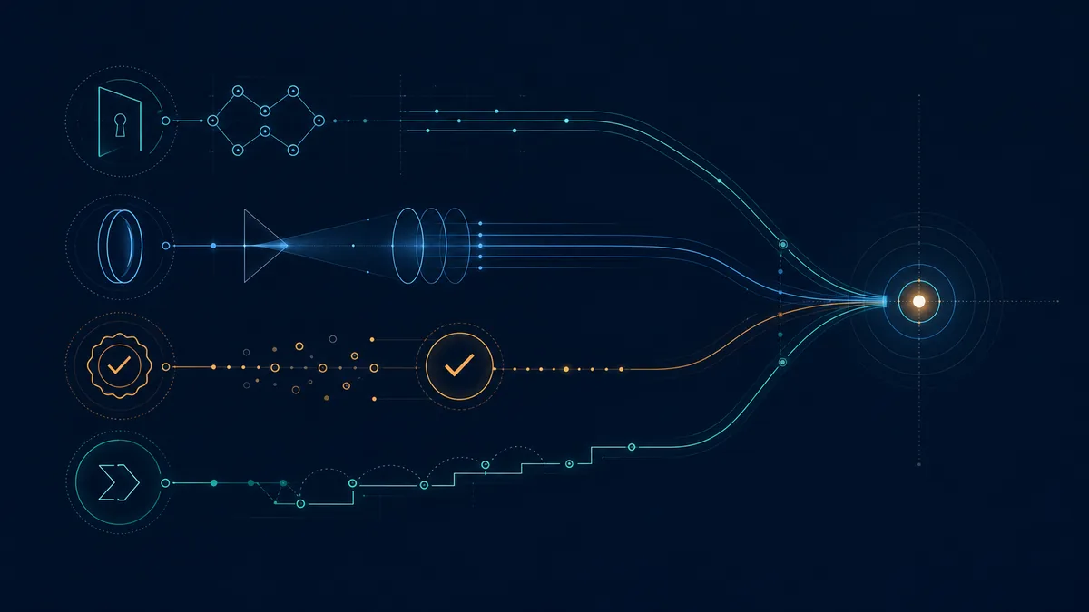 Dark diagram of access, clarity, proof, and action path flowing into a customer choice signal