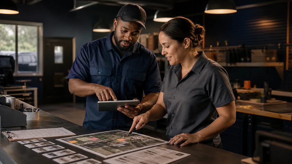 Two employees review a tablet, site map, review cards, and appointment sheet at a service counter
