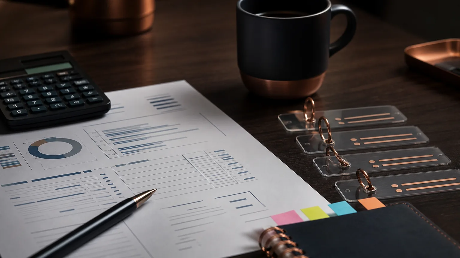 Dark tabletop with a calculator, measurement worksheet, coffee mug, pricing tags, and sticky tabs