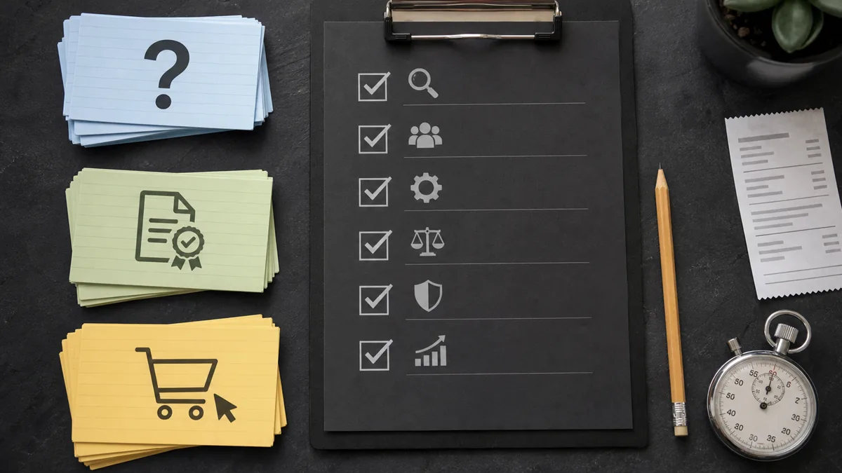 Overhead decision checklist with question cards, evidence cards, action cards, pencil, receipt, and stopwatch