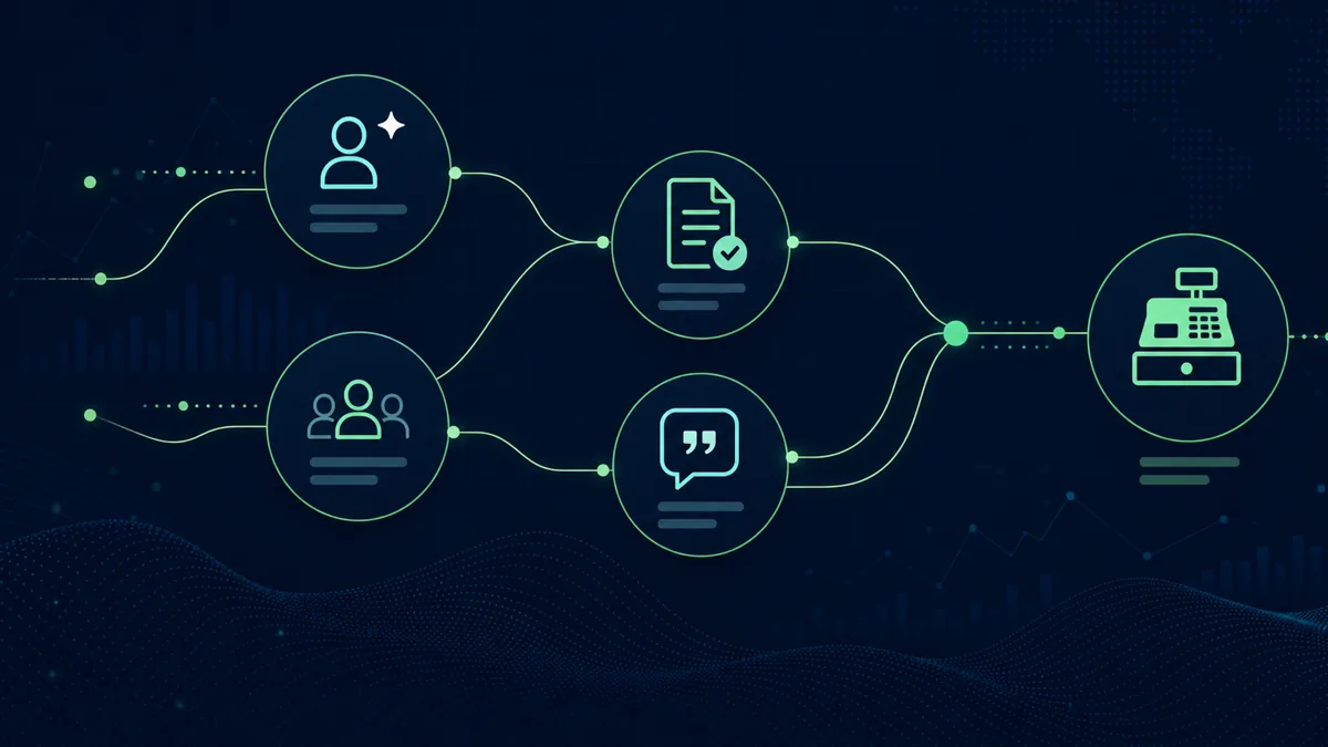 Dark diagram connecting brand mention, competitor mention, cited source, and customer lead signals into a cash register